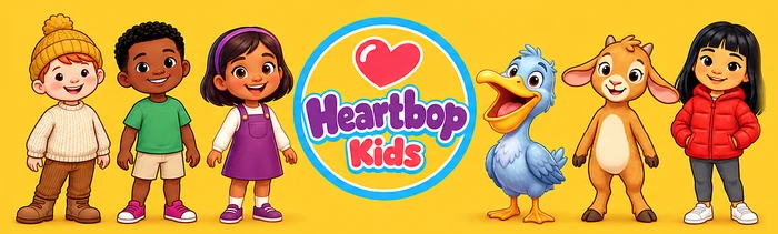 The Heartbop Kids friends standing together: Fen, Ayo, Sana, the Heartbop Kids logo, Bodie the pelican, Nibs the goat and Lani.