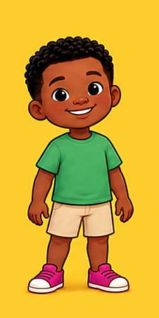Ayo, a smiling boy with short black curly hair, a green tee and magenta sneakers