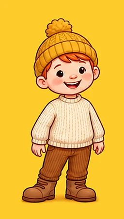 Fen, a smiling boy with ginger hair, a mustard bobble hat and a cream sweater