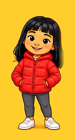 Lani, a smiling girl with long black hair, a red puffer jacket and white sneakers
