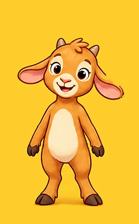Nibs, a caramel goat with a cream tummy, floppy ears and little horn nubs