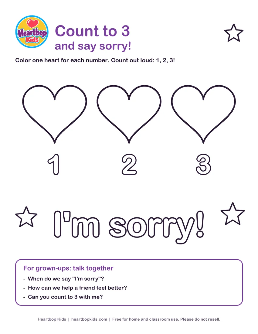 Preview of Free Coloring Page: Count to 3 and Say Sorry