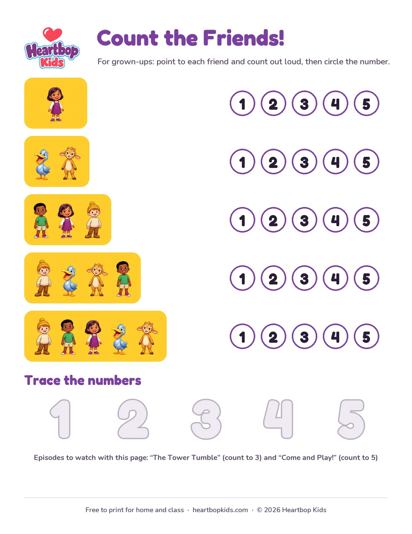 Preview of the Count the Friends sheet: rows of one to five Heartbop Kids friends with numbers to circle and numbers to trace