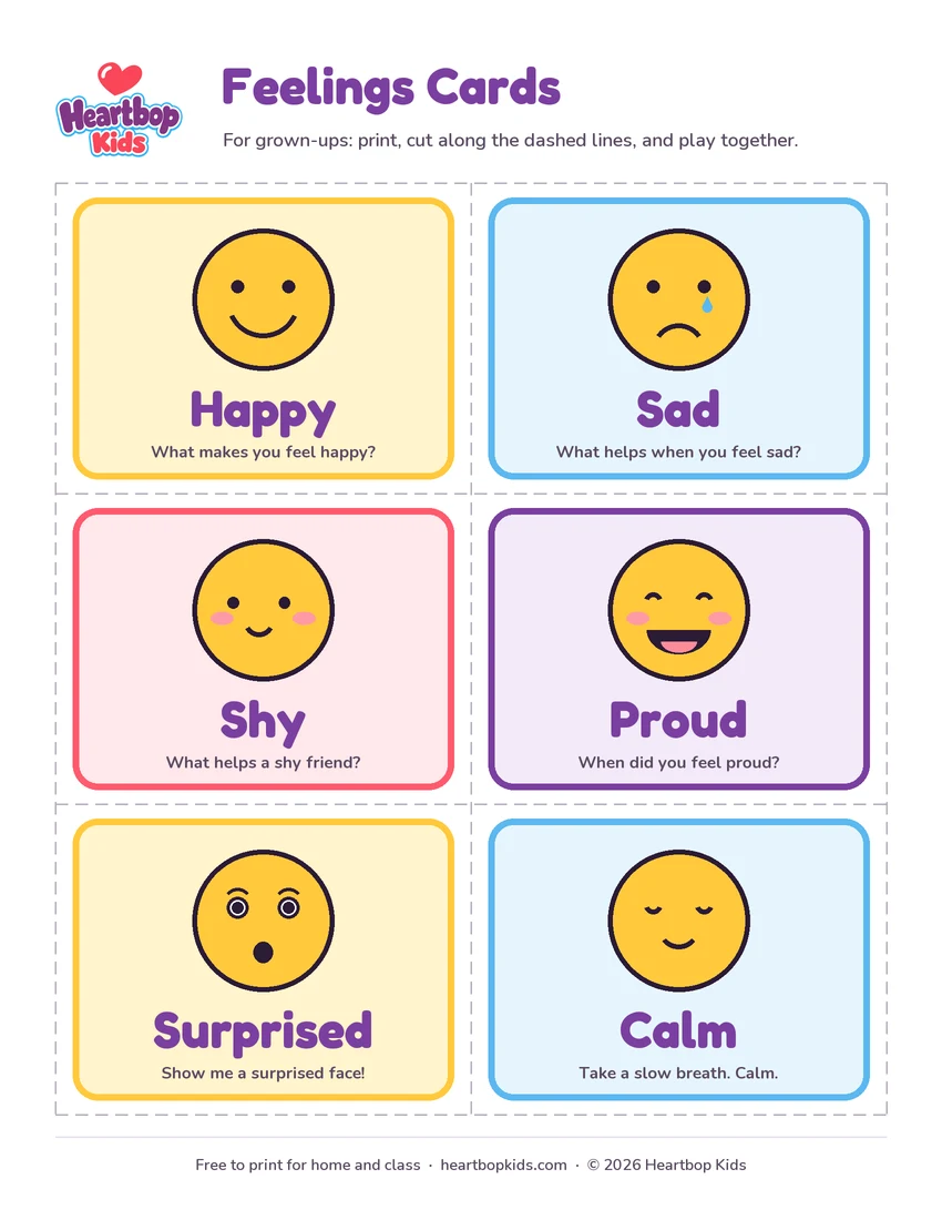 Preview of the Heartbop Kids feelings cards: six cards with simple faces for happy, sad, shy, proud, surprised and calm